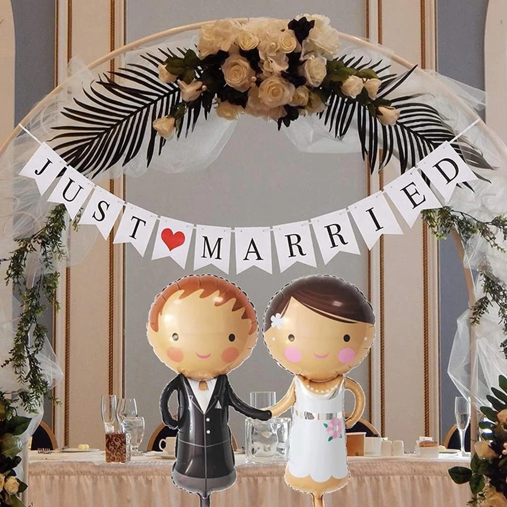 Vestuvių dekoracijų rinkinys "just Married", vestuvių dekoracija balta, balionai "just Married", foliniai balionai nuotaka ir jaunikis, girlianda "just Married" vestuvių sužadėtuvių vakarėlio dekoracija.