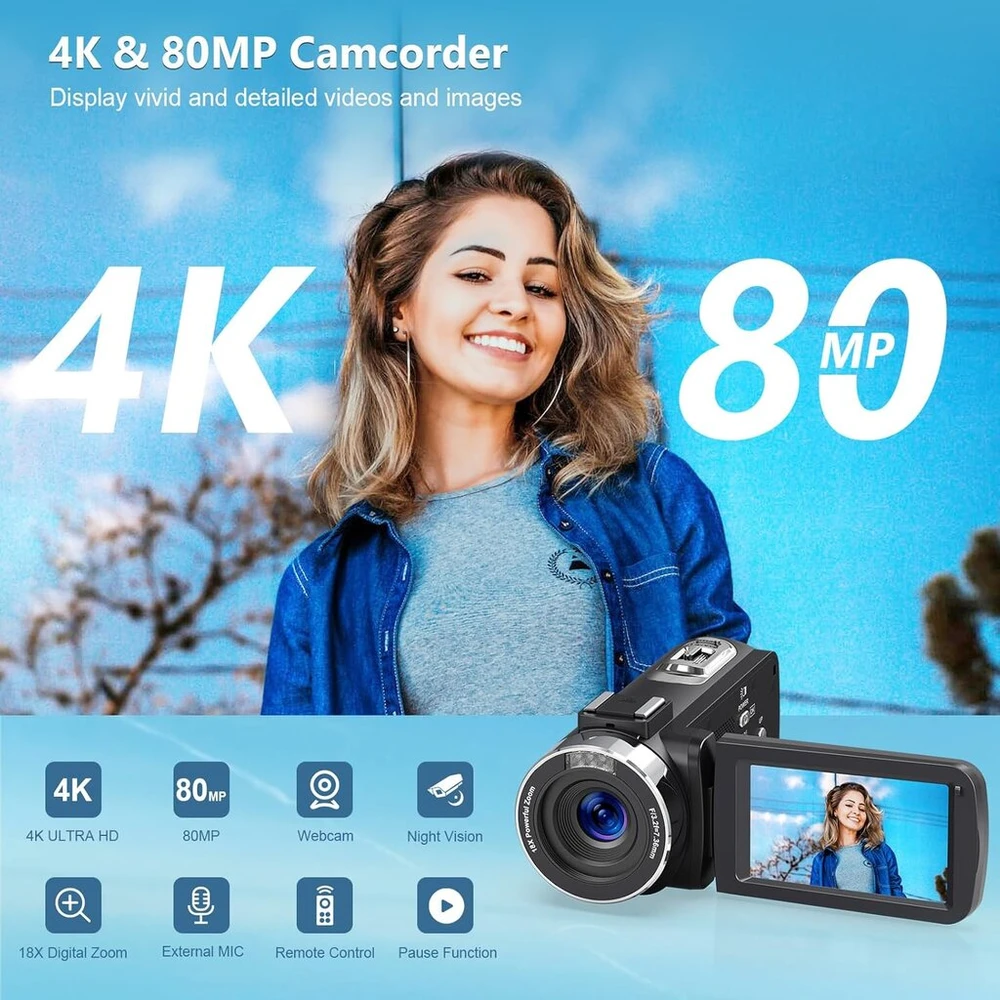 Video kamera 4k 80mp Hd vaizdo kamera, skirta "youtube", 30 kadrų per sekundę internetinė kamera Ir naktinio matymo vlogų kamera, 18x skaitmeninis priartinimas 3.0 270°ips ekranas vaizdo kamera su Sd kortele, 2 baterijomis, nuotolinio valdymo pulteliu ir