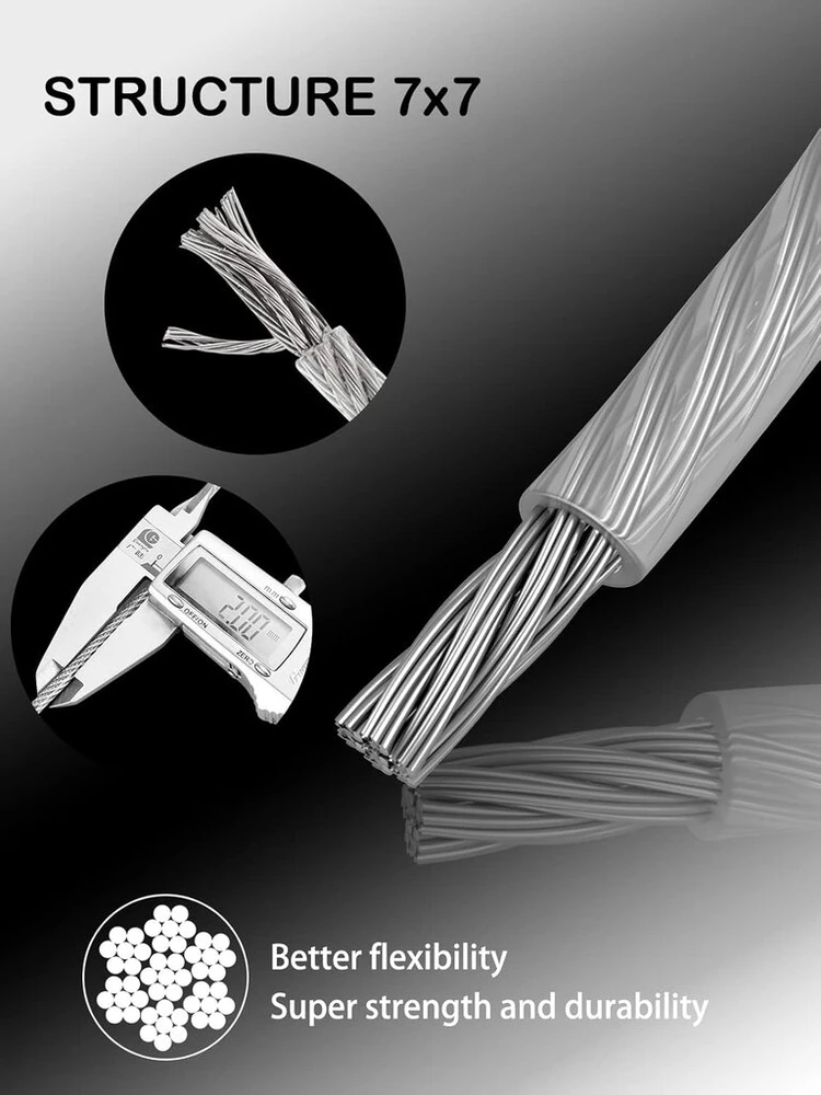 Vielinis trosas 2 mm rinkinys, M5 trosų įtempiklis nerūdijantis plienas, 20 m Pvc dengtas plieno kabelis su kilpomis, universalus vielinis trosas skalbinių virvei, užuolaidų virvė