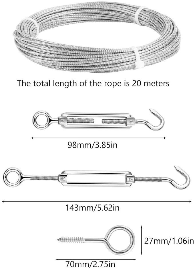 Vielinis trosas 2 mm rinkinys, M5 trosų įtempiklis nerūdijantis plienas, 20 m Pvc dengtas plieno kabelis su kilpomis, universalus vielinis trosas skalbinių virvei, užuolaidų virvė