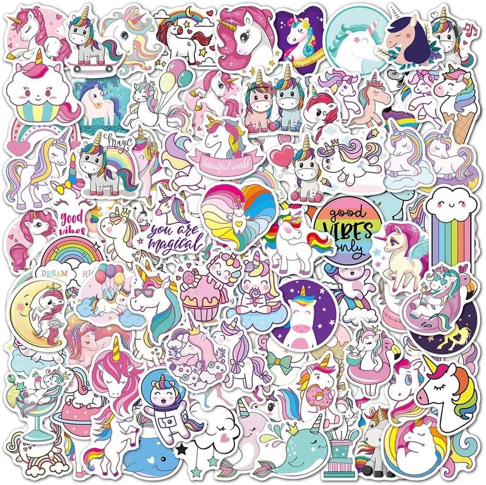 Vienaragio lipdukai, Kawaii vandeniui atsparūs viniliniai vienaragio lipdukai nešiojamam kompiuteriui, vandens buteliui, riedlentei, dviračiui, šalmui, gitarai, kelioniniam lagaminui, bagažui, baldams, iškarpų albumui, mobiliojo telefono dėklui [100 vnt.