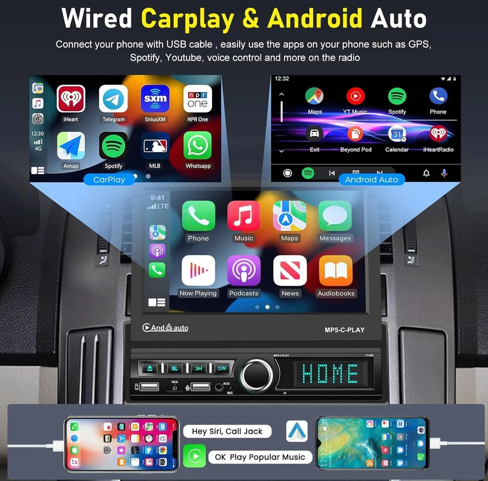 Automagnetola Vieno din automobilinis radijas su automatiniu atlenkiamu ekranu, belaidžiu carplay ir android auto, 7 colių radijo stereo sistema su bluetooth/mirrorlink/fm/aux/tf/usb/swc + atsarginė kamera + mikrofonas