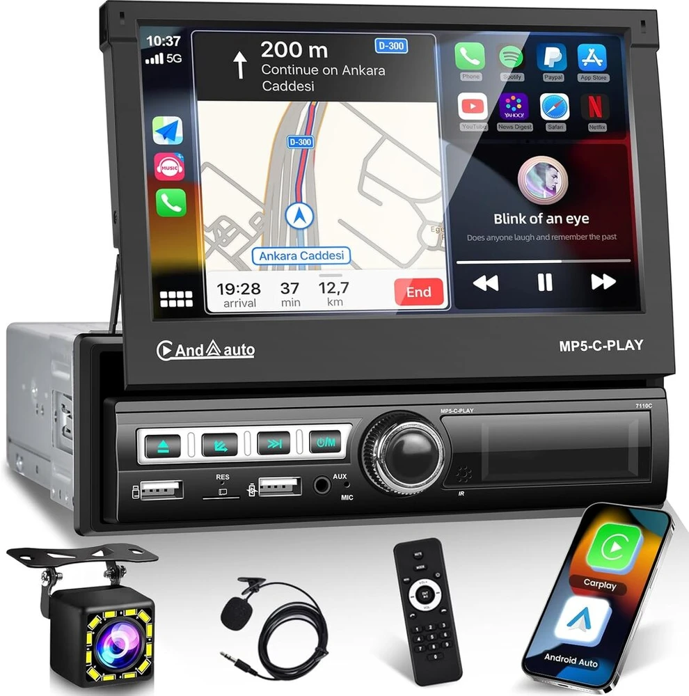Automagnetola Vieno din automobilinis radijas su automatiniu atlenkiamu ekranu, belaidžiu carplay ir android auto, 7 colių radijo stereo sistema su bluetooth/mirrorlink/fm/aux/tf/usb/swc + atsarginė kamera + mikrofonas