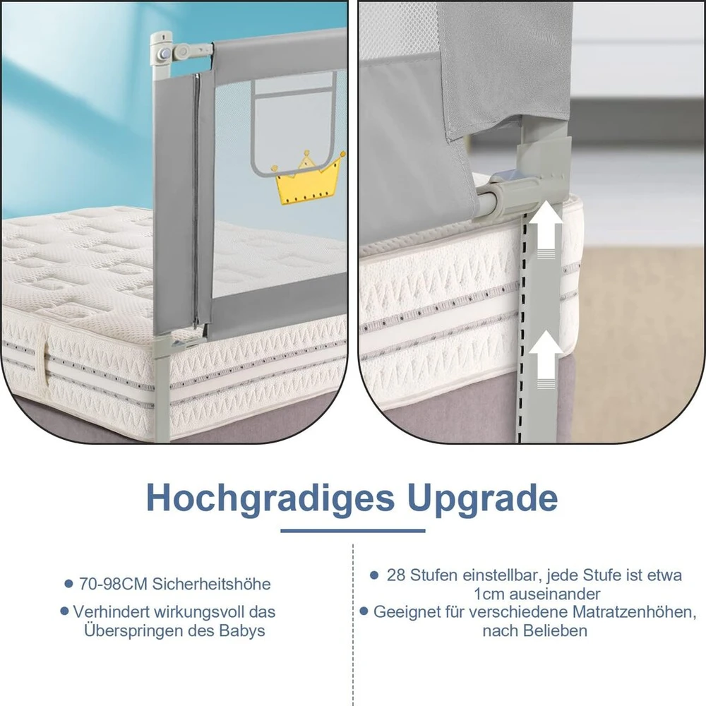 Vigevee vaikiškas lovos barjeras, apsauginiai varteliai, reguliuojamo aukščio, apsauga nuo kritimo vaikams, vaikiškas lovos barjeras su oriniu tinkleliu, šeimos lovai ir lovytei, pilkas, 200 x 70 cm, 1 vnt.
