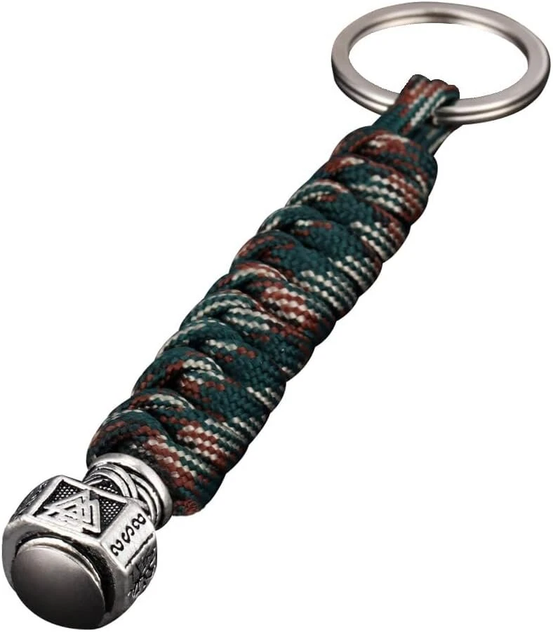 Vikingų stiliaus odinis raktų pakabukas su Mjolnir pakabuku