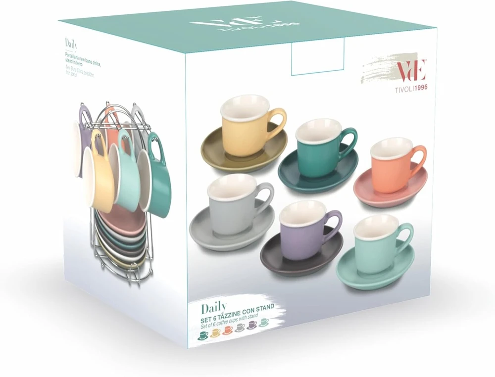 Villa D'este Home Tivoli espresso puodelių rinkinys 6 vnt. 90 ml su lėkštute, pagamintas iš kaulinio porceliano, stovas geležinis, kasdieninis