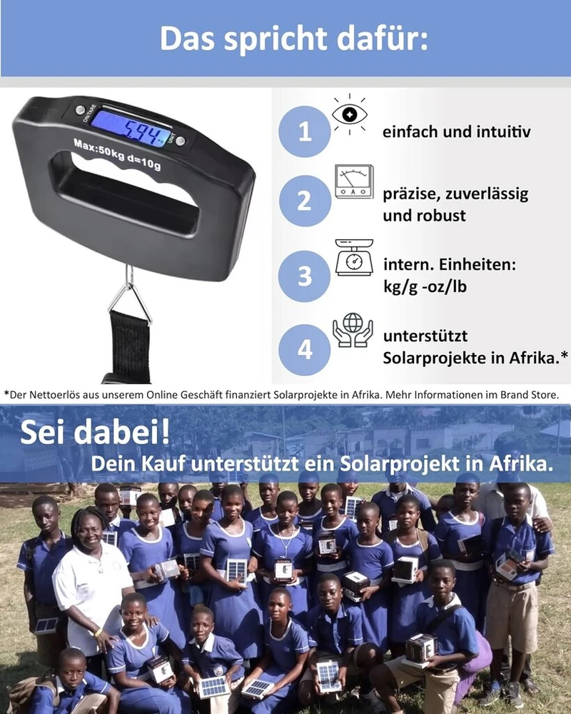 Villageboom skaitmeninės bagažo svarstyklės su kabliu/dirželiu – bagažo svarstyklės iki 50 kg su dideliu lcd ekranu ir taros funkcija – įeina 2 × aaa baterijos ilgam veikimo laikui – remia saulės energijos projektus afrikoje