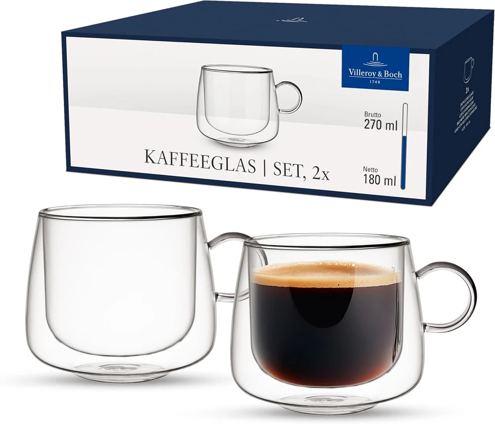 Villeroy & Boch Artesano Hot & Cold Beverages kavos stiklinės, stiklinių rinkinys iš 2, dvigubų sienelių stiklinės šaltiems ir karštiems gėrimams, 180 ml, borosilikatinis stiklas, galima plauti indaplovėje, galima naudoti mikrobangų krosnelėje