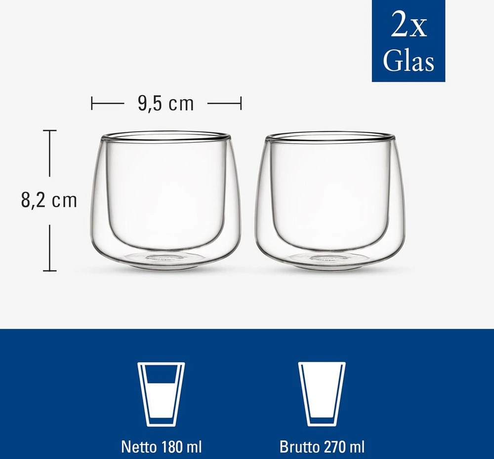 Villeroy & Boch Artesano karštų ir šaltų gėrimų kavos puodeliai, stiklinių rinkinys iš 2, dvigubų sienelių stiklinės šaltiems ir karštiems gėrimams, 180 ml, borosilikatinis stiklas, galima plauti indaplovėje, galima naudoti mikrobangų krosnelėje