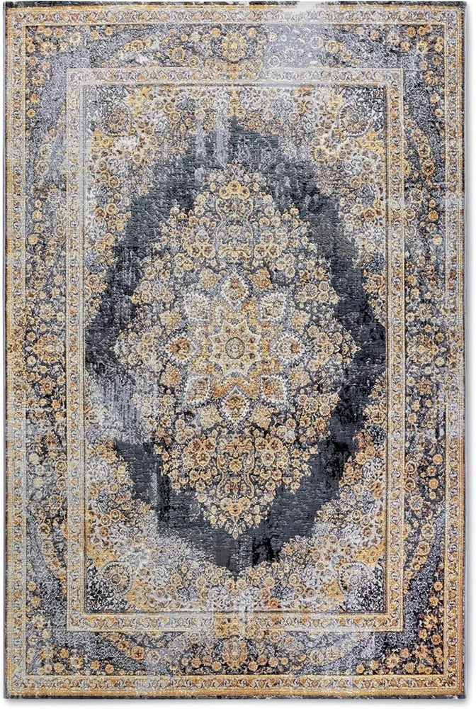 Villeroy & Boch Martha kilimas vidaus ir lauko naudojimui oriental - oriental flat weave, klasikinio dizaino vintage, oeko-tex atsparus oro sąlygoms ir uv spinduliams, skirtas balkonui, terasai, sodui - antracito aukso spalvos, 120 x 180 cm