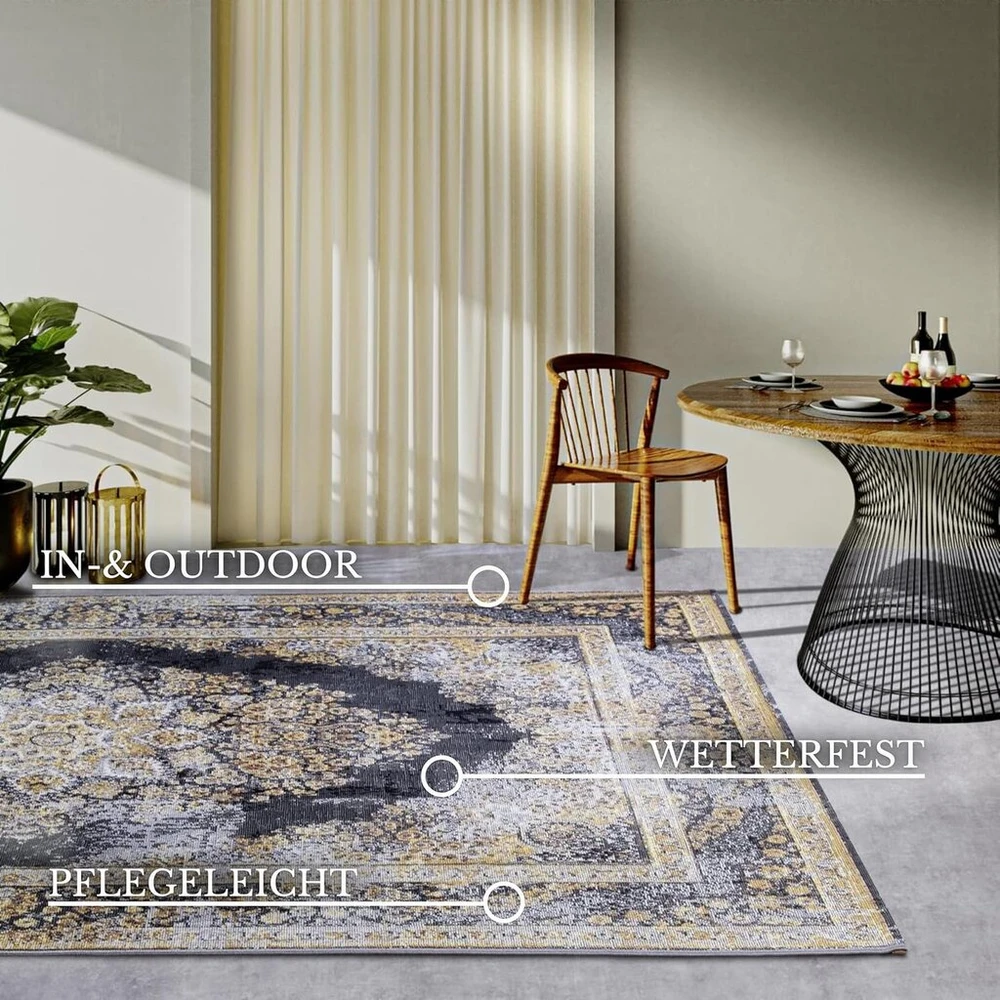 Villeroy & Boch Martha kilimas vidaus ir lauko naudojimui oriental - oriental flat weave, klasikinio dizaino vintage, oeko-tex atsparus oro sąlygoms ir uv spinduliams, skirtas balkonui, terasai, sodui - antracito aukso spalvos, 120 x 180 cm