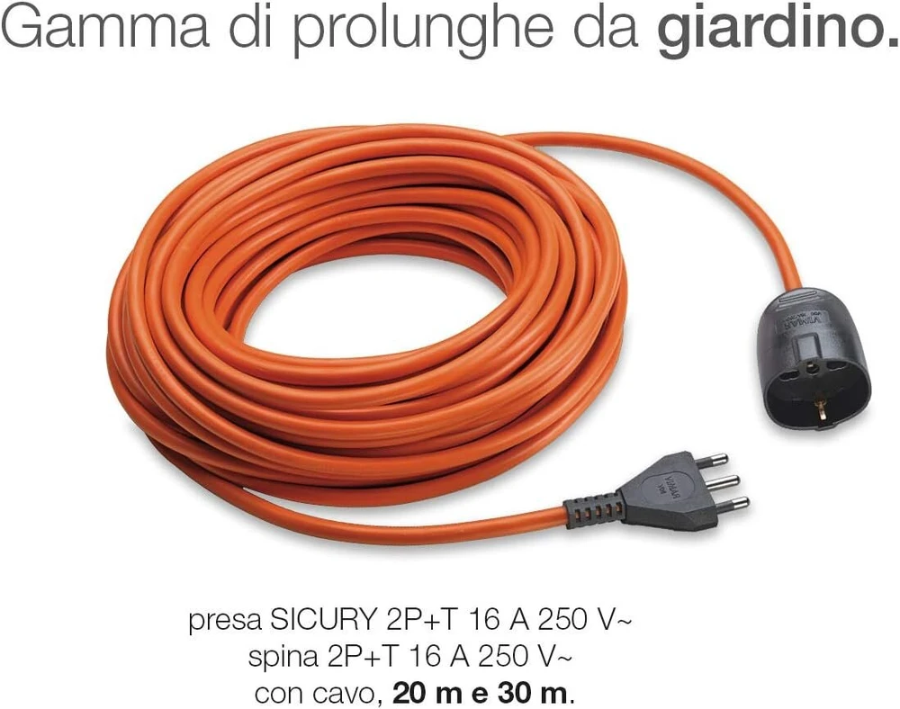 Vimar 0r32394 universalus ilgintuvas su 20 m kabeliu 3g1.5s17, dideliu kištuku 2p+t 16 A 250 V~ itališkas standartas S17 su apsauga nuo vaikų, idealiai tinka sodui