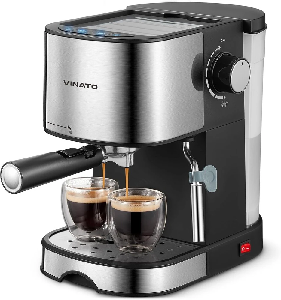 Vinato Espresso kavos aparatas, 15 barų espresso ir cappuccino aparatas su greito pašildymo funkcija, kavos aparatas su pieno putojimo funkcija ir garų lazdele, dvigubo išėjimo filtro laikiklis ir 2 filtrai