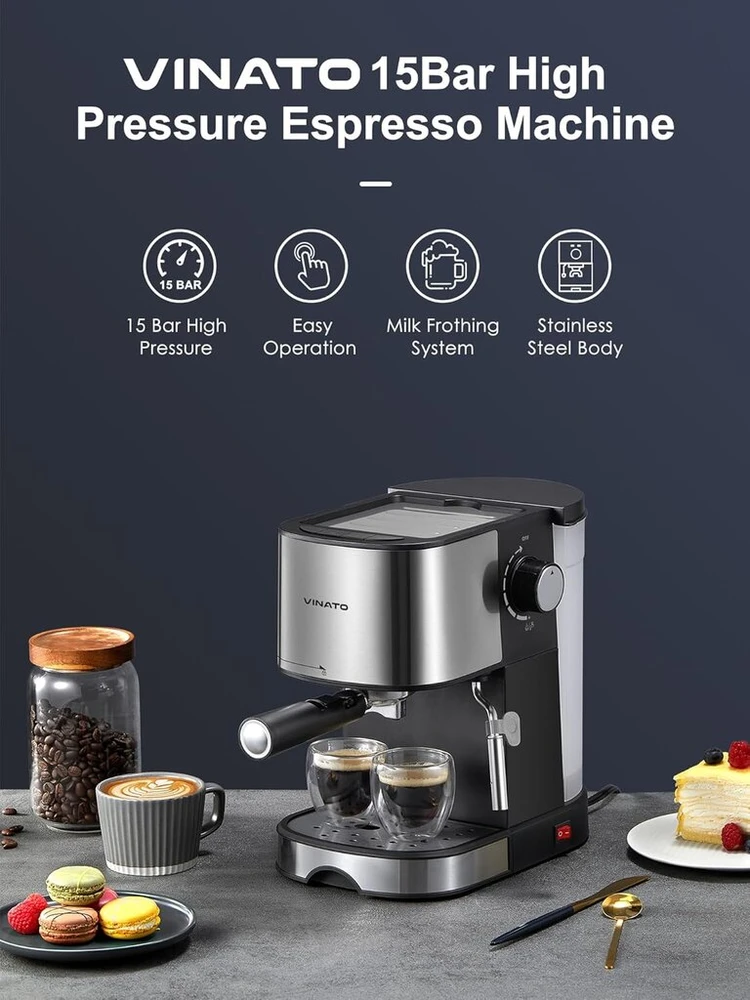 Vinato Espresso kavos aparatas, 15 barų espresso ir cappuccino aparatas su greito pašildymo funkcija, kavos aparatas su pieno putojimo funkcija ir garų lazdele, dvigubo išėjimo filtro laikiklis ir 2 filtrai