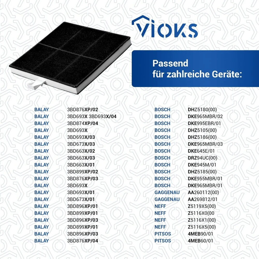 Vioks Anglies filtras, 2 vnt., 225x220x24 mm, pakaitalas Balay 00360732 gartraukiui