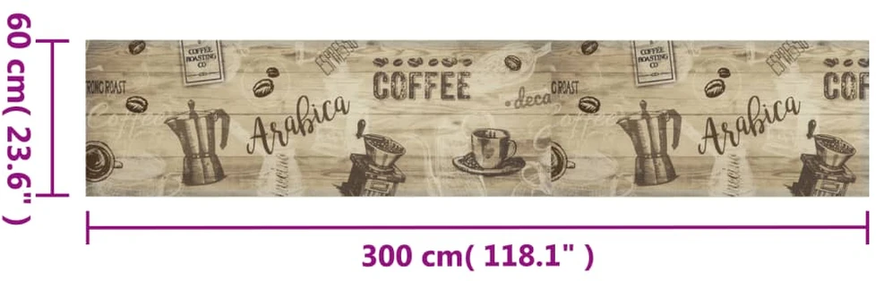 Virtuvės kilimas, rudas, 60x300cm, plaunamas, užrašai Coffee
