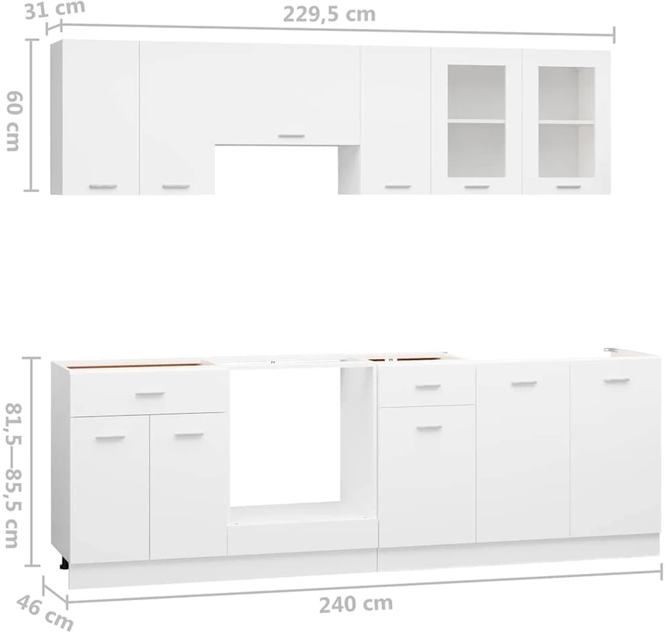 Virtuvės spintelių komplektas, Lyon, 8 dalių, baltos spalvos, mediena