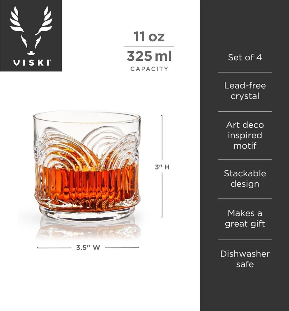Viski Beau žemi kokteilinės stiklinės, 4 vnt rinkinys, 325 ml dof stiklinės, sukraunami baro reikmenys pagaminti iš krištolinio stiklo be švino, skaidrios