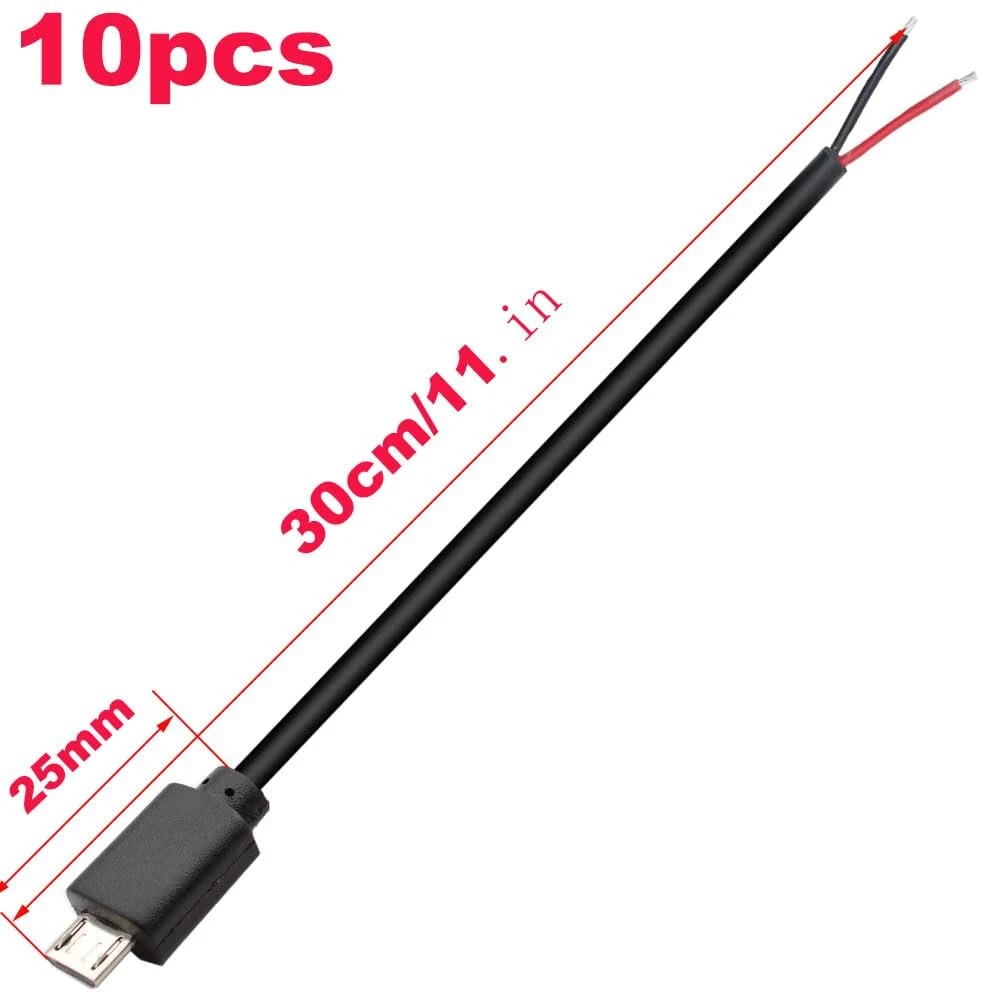 Vissqh 10 vnt. 30 cm micro usb pigtail kabelių rinkinys, micro usb male į 2 kontaktų pliką kabelį, 22awg 3a usb male, 2 gyslų usb ilgintuvas, usb male litavimas, su atviru galu "pasidaryk pats" entuziastams