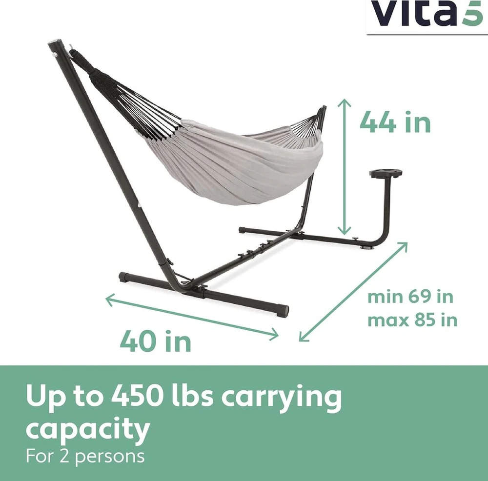 Vita5 medvilninis lauko dvivietis hamakas su rėmu - su puodelio ir knygos laikikliu - iki 2 žmonių/205 kg - 210 x 140 cm - su nešiojimo krepšiu