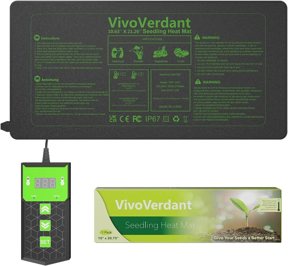 Vivoverdant šildymo kilimėlis augalams su termostatu ir laikmačio funkcija sėklų daiginimui ir kaip šildymo kilimėlis naminiams gyvūnams, veisimo šildymo kilimėlis ir amfibijų kilimėlis, 54 x 27 cm, 27 W