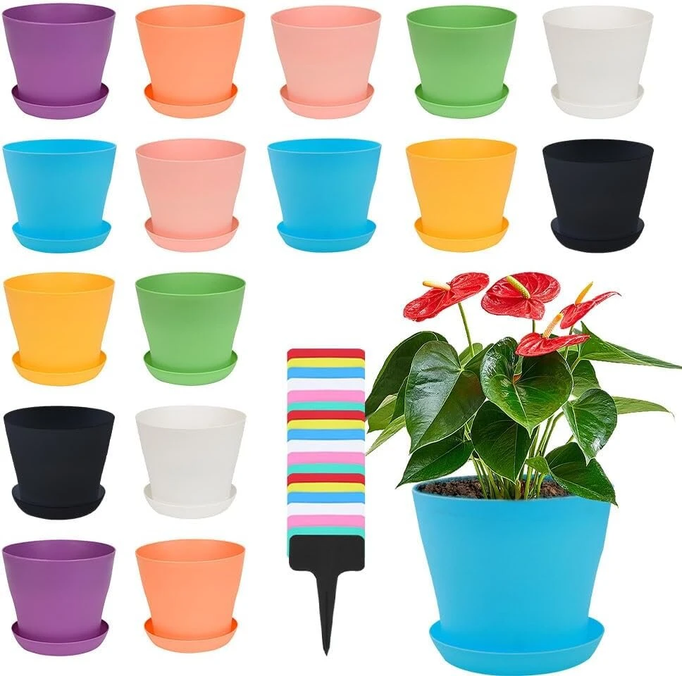 Vmxlso 16 vnt. 10 cm plastikinių vazonų rinkinys, mažas vazonas su lėkštute, apvalūs plastikiniai vazonai, plastikinis vazonas, maži daiginimo vazonai, plastikas namų biuro dekoravimui, spalvingi
