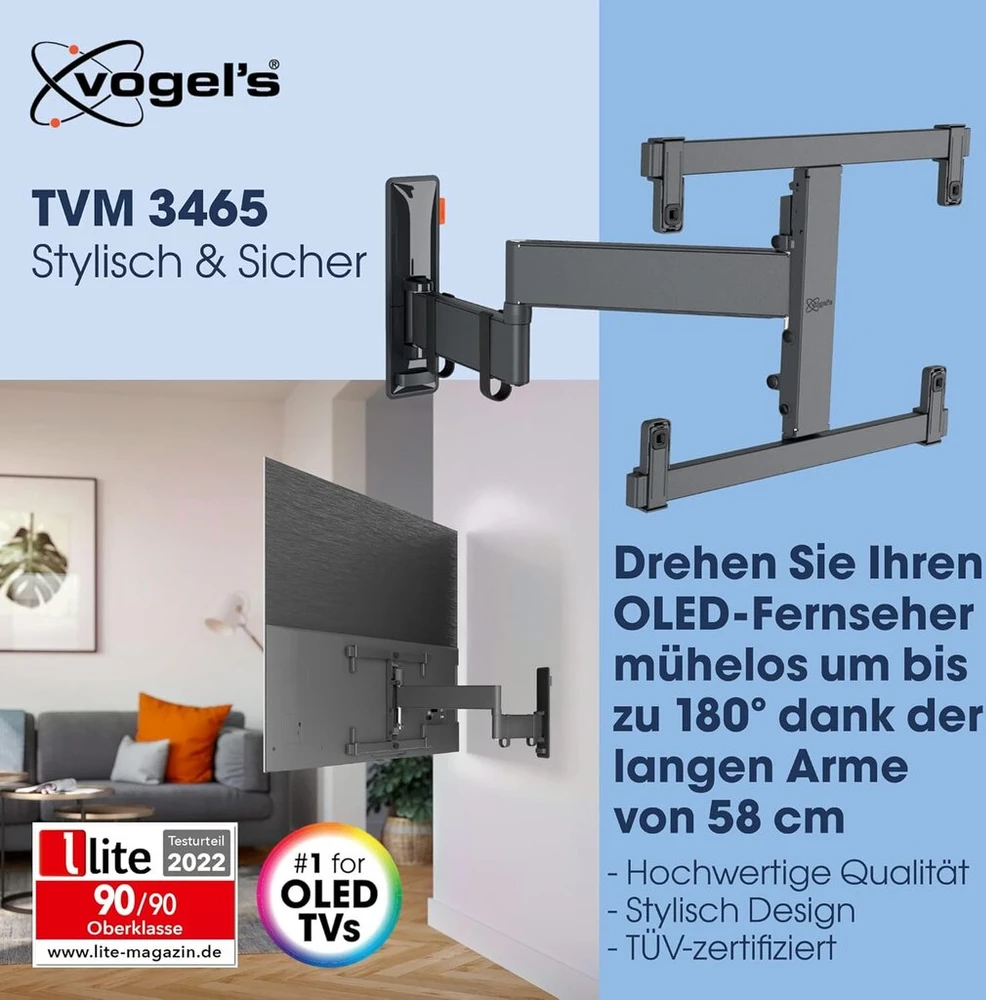 Vogel's Comfort Tvm 3465 pasukamas oled tv sieninis laikiklis 32-65 colių televizoriams, maks. 25 kg, pasukamas iki 180°, pilno judesio oled tv laikiklis maks. vesa 400 x 400, universalus suderinamumas