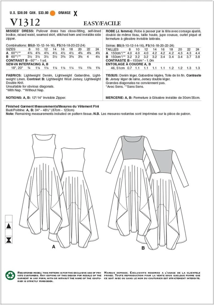 Vogue Patterns V1312 dydis F5 16-18-20-22-24 suknelė