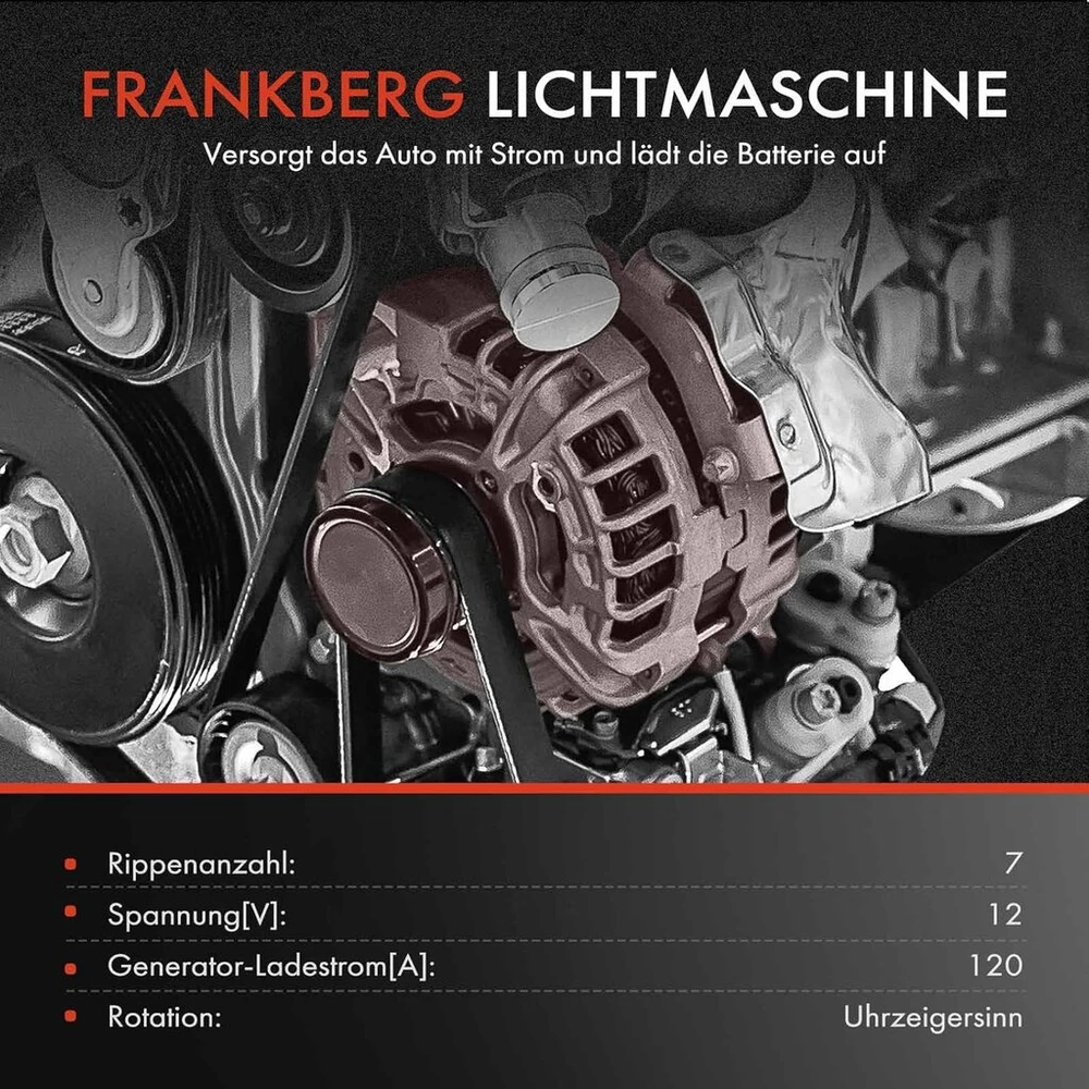 Volkswagen Generatorius Frankberg 2-pin, 120a, 12v, su laisvos eigos skriemuliu