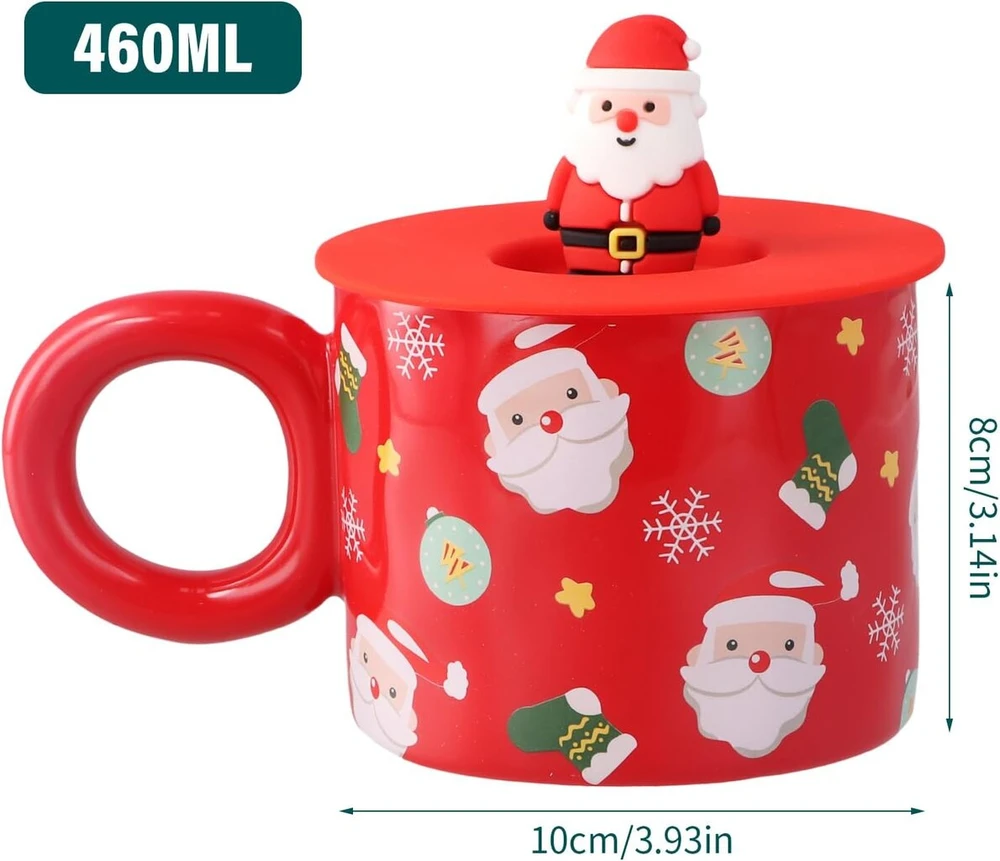 Volumoon Santa Claus puodelis 400 ml, kalėdinis kavos puodelis, keraminiai arbatos puodeliai kalėdoms su dangteliu, kalėdinis puodelis, eglutės puodelis, šventiniai puodeliai karštam šokoladui (santa Claus)