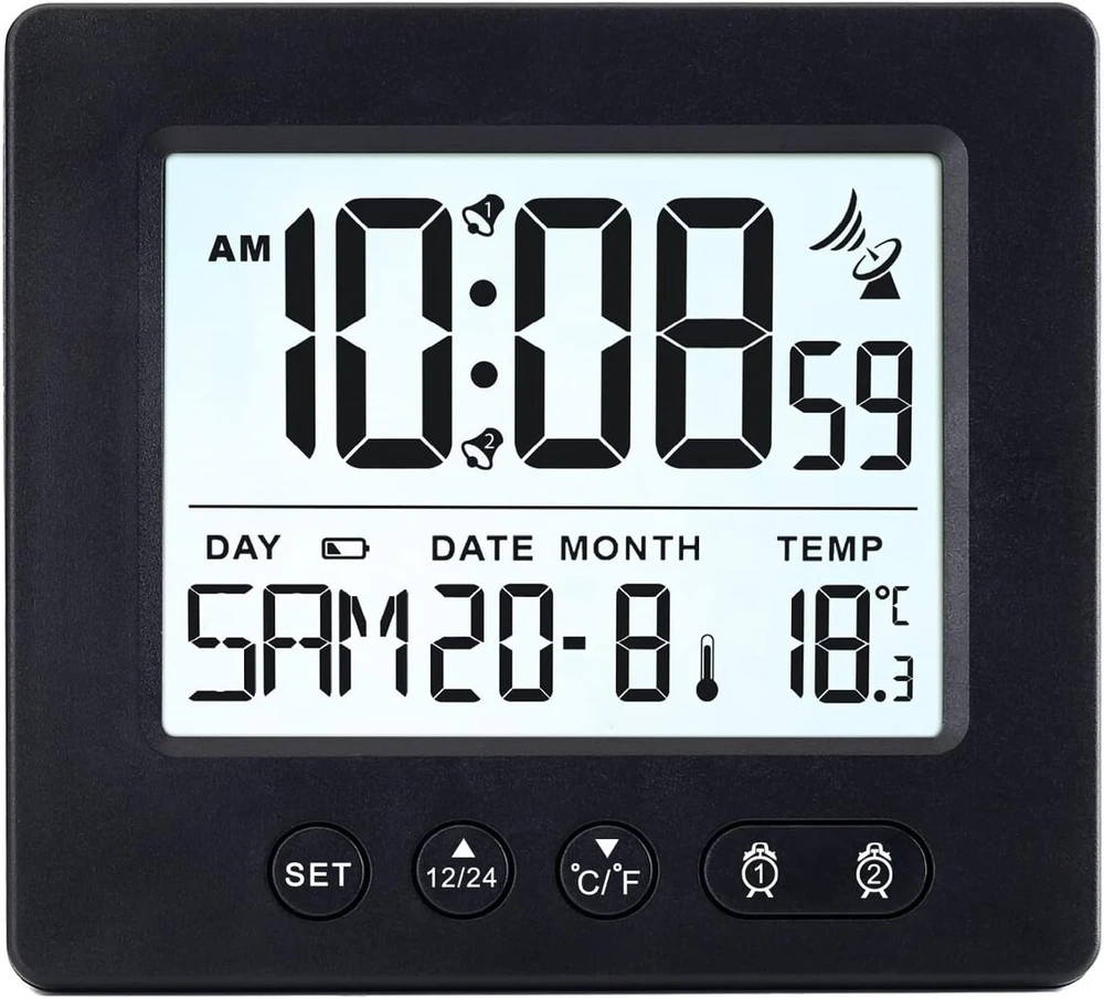 Vorrinc Skaitmeninis radijo bangomis valdomas žadintuvas su dviem nepriklausomais žadintuvais, snaudimo funkcija, apšvietimu, data, savaite, temperatūra, radijo bangomis valdomas laikrodis, automatinis vasaros / žiemos laiko nustatymas