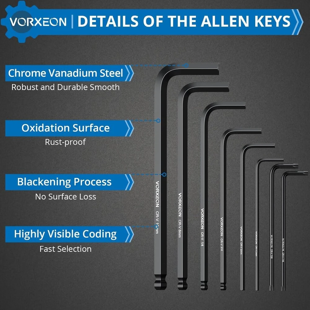 Vorxeon 36 dalių šešiakampių raktų rinkinys su 9 galvučių ir 9 plokščiagalvių šešiakampių lizdų (1,5–10 mm), 9 Sea (1/16"–3/8") ir 9 Star Tx (t10–t50) spalvų kodais dviračių ir automobilių remontui