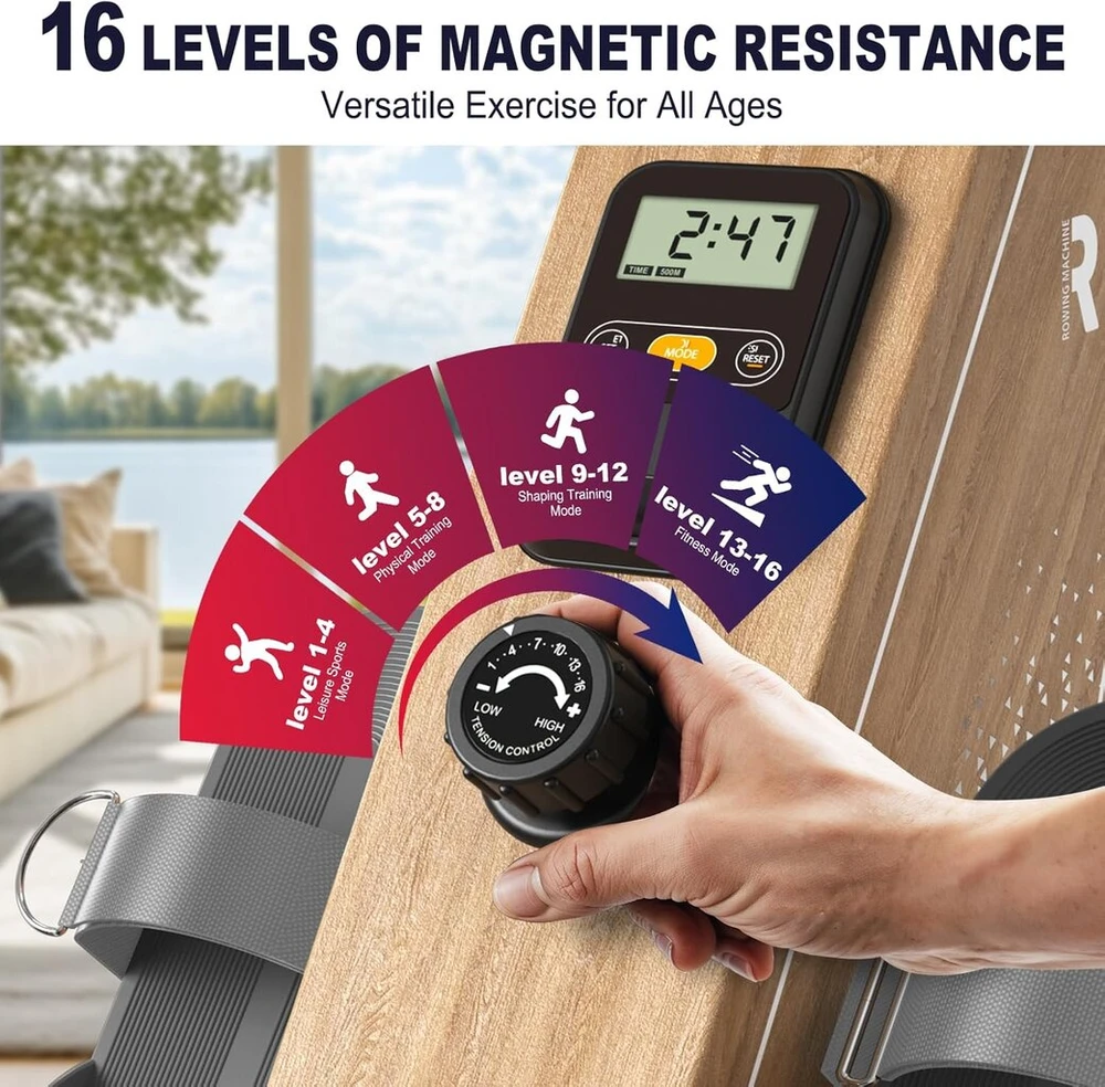 Vowvit Or3 irklavimo treniruoklis namams, magnetinis irklavimo treniruoklis su bluetooth monitoriumi, 16 pasipriešinimo lygių, kompaktiškas irklavimo treniruoklis su 160 kg svorio riba, vertikalus laikymas, smėlio spalvos