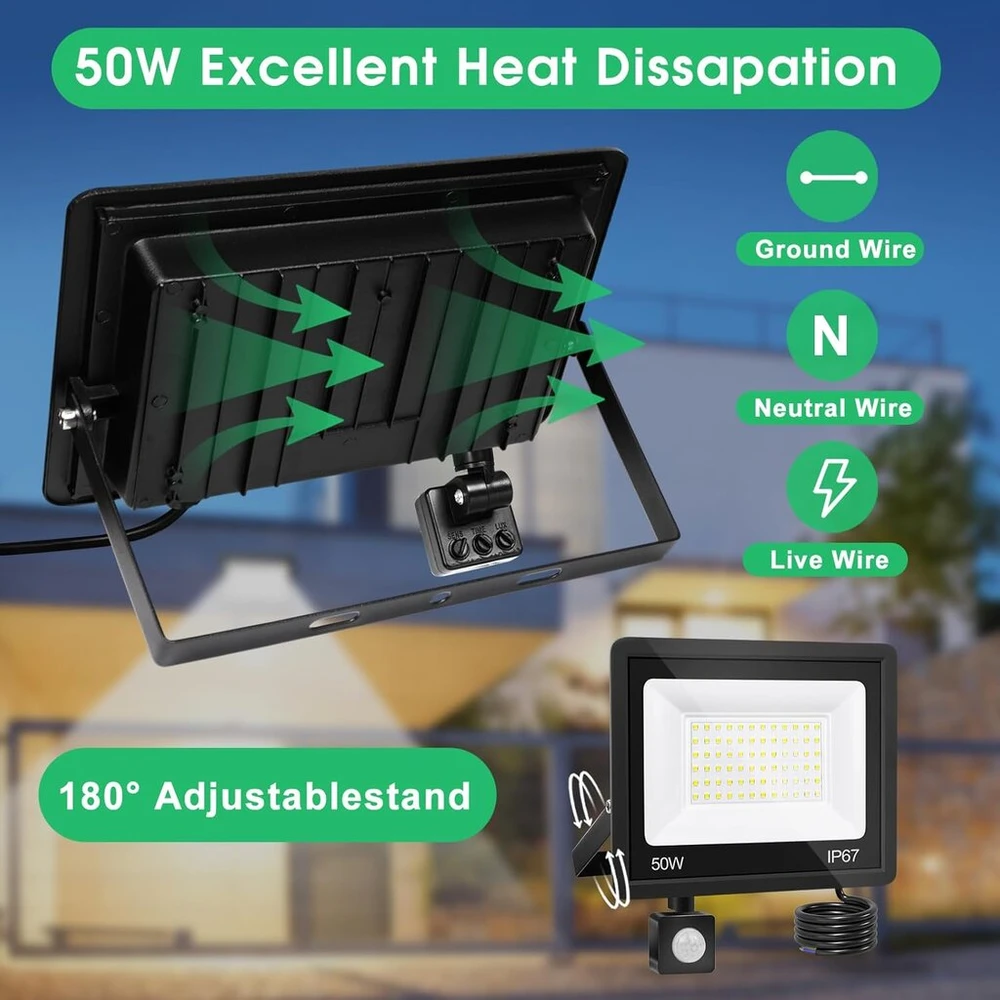 Vrfmaliy 50 W led prožektorius su judesio davikliu lauke, 5000 lm led lauko prožektorius, 7000 k šaltai balta, itin ryškus prožektorius, ip67 vandeniui atsparus priekinis žibintas sodui, kiemams, garažui, namams