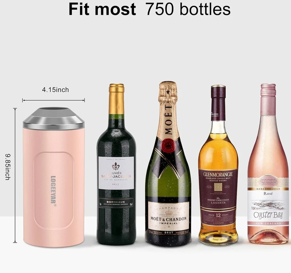 Vyno aušintuvas su dangteliu, 750 ml butelių aušintuvas vynui ir šampanui, dvigubų sienelių nerūdijančio plieno šampano aušintuvas, nešiojamas gėrimų aušintuvas lauke, dovanos vyno mėgėjams, rožinis
