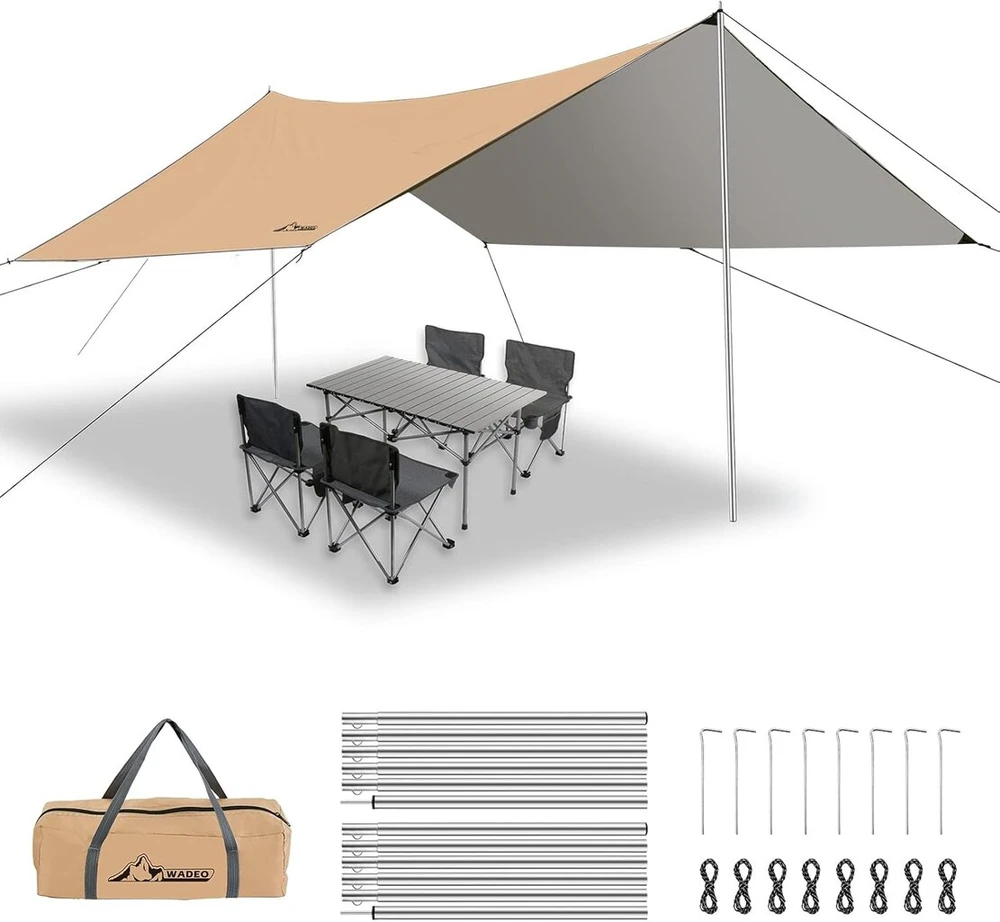 Wadeo Kempingo brezentas palapinei, neperšlampamas, 4 x 3 m, kempingo brezentas palapinei, apsauga nuo lietaus su stulpais, palapinės virvės, kempingo brezentas, itin lengvas, idealus kempingui, iškyloms lauke - Khaki