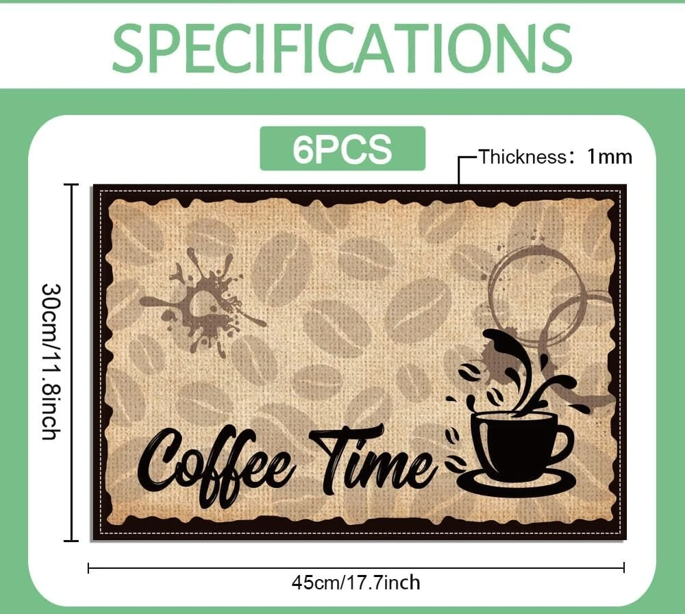 Rankšluostis Wadorn Padėkliukų rinkinys su kavos motyvu, 6 vnt. 30 x 45 cm Kavos laiko padėkliukai Mocha Latte Kavos puodelio baro stalo padėkliukai Kavos aparatų padėkliukas virtuvėms, restoranams, kavinėms, priėmimo kambariams