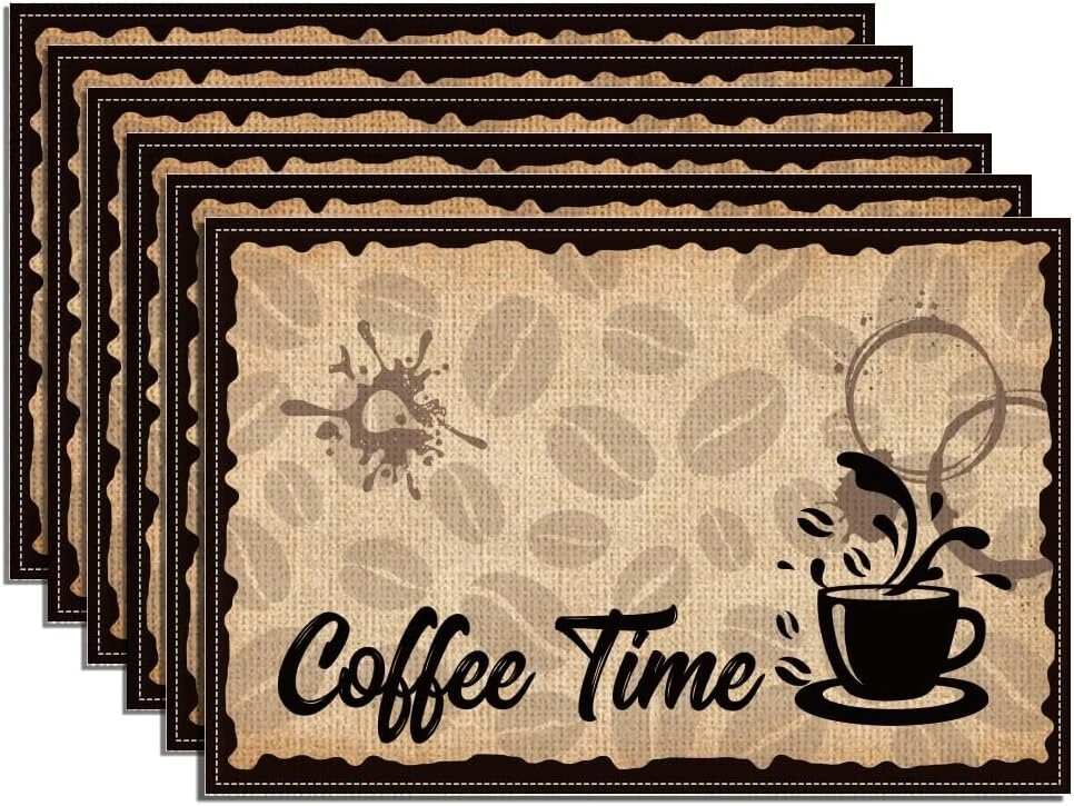 Rankšluostis Wadorn Padėkliukų rinkinys su kavos motyvu, 6 vnt. 30 x 45 cm Kavos laiko padėkliukai Mocha Latte Kavos puodelio baro stalo padėkliukai Kavos aparatų padėkliukas virtuvėms, restoranams, kavinėms, priėmimo kambariams
