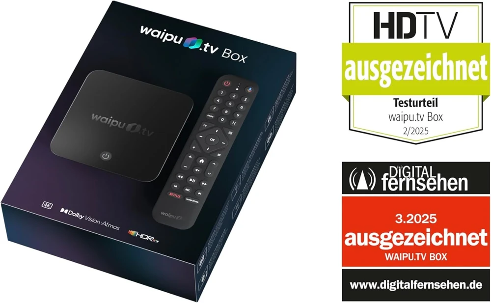 Vaizdo grotuvas Waipu.tv Box | su apšviestu nuotolinio valdymo pulteliu | televizija per wifi | lan | hdmi | 4k | hdr10+ | dolby vision | dolby atmos | 3 mėnesių 300 tv kanalų ir 40 000 filmų bei serialų kuponas