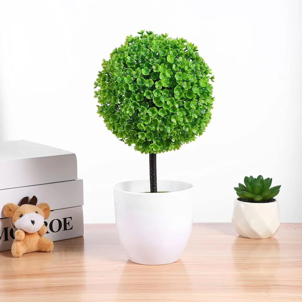 Wakauto 2 vnt. dirbtinių buksmedžio rutulių lauke su vazonu, dirbtiniai buksmedžio topiary medžiai, lapų topiary rutulys, 23 cm, tikroviškas netikras augalas namams, sodui, biurui