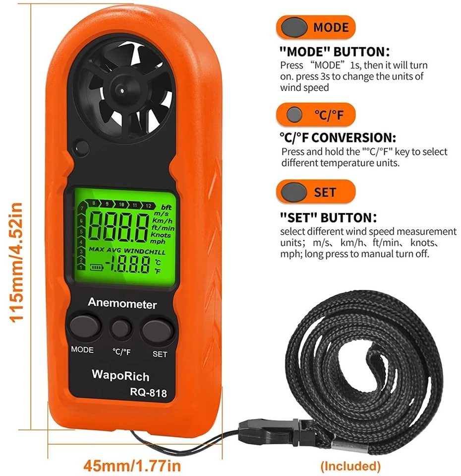 Waporich mini vėjo matuoklis, rankinis skaitmeninis Lcd ekranas, anemometras, nešiojamas vėjo matuoklis vėjo greičio/temperatūros matavimui banglenčių sportui, žvejybai, aitvarams Rq-818