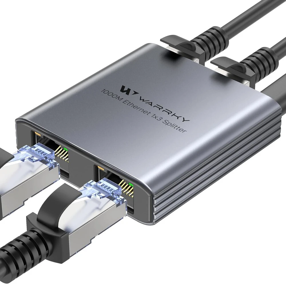 Warrky Lan skirstytuvas 1 į 3, 1000 Mbps eterneto skirstytuvas su type-c maitinimo laidu, [1,4 cm itin plonas, integruotas lieto aliuminio korpusas] gigabitinis Lan skirstytuvas 3 prievadai, tinklo jungiklis, skirtas cat 5/5e/6/7/8