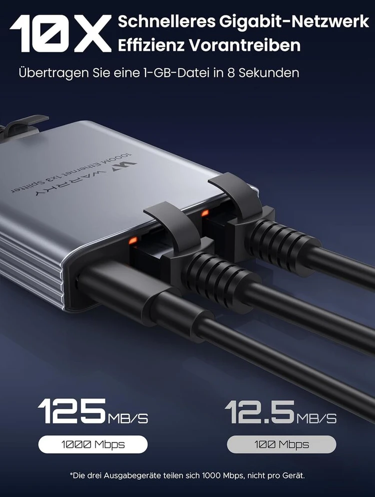 Warrky Lan skirstytuvas 1 į 3, 1000 Mbps eterneto skirstytuvas su type-c maitinimo laidu, [1,4 cm itin plonas, integruotas lieto aliuminio korpusas] gigabitinis Lan skirstytuvas 3 prievadai, tinklo jungiklis, skirtas cat 5/5e/6/7/8