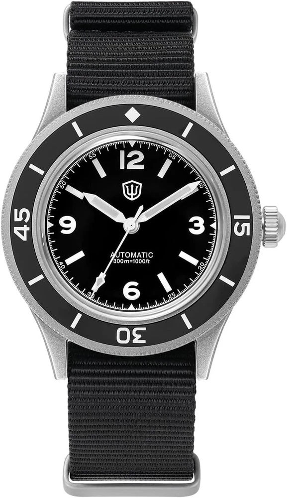 Watchdives nardymo laikrodis vyrams Vintage Wd50 Fathoms Nh35 Nh38 automatiniai laikrodžiai 40mm išgaubtas stiklas 300m atsparus vandeniui nardymo laikrodis juodas ciferblatas su nailoniniu dirželiu