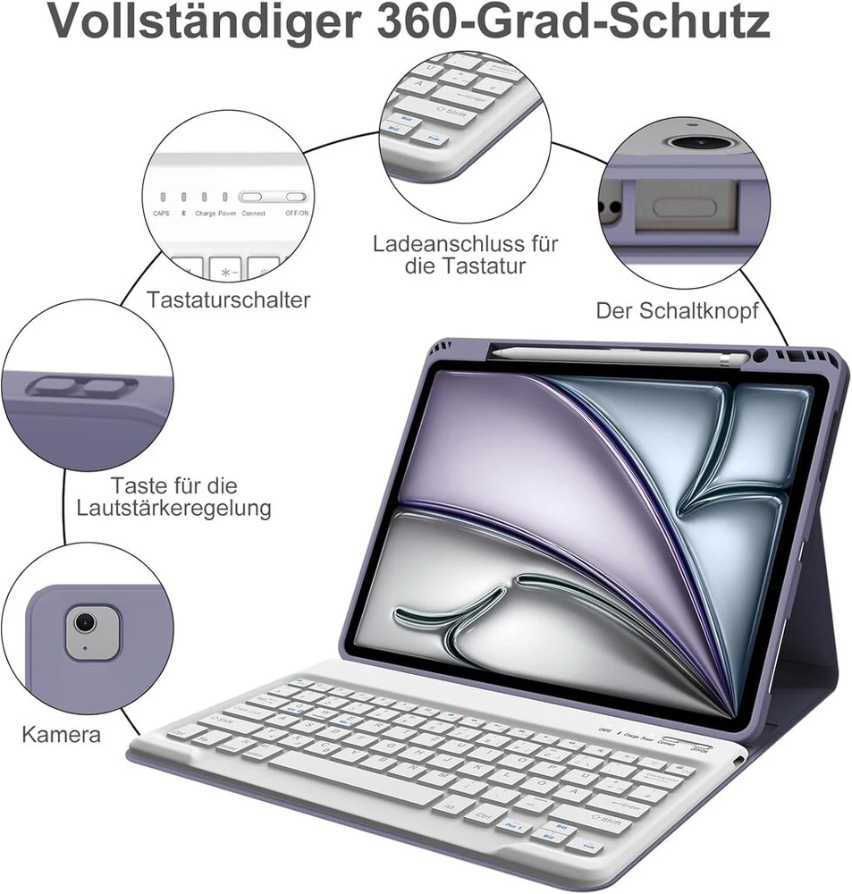 Wavata Klaviatūra, skirta Ipad Pro 12.9 6/5/4/3 kartai, dėklas su klaviatūra, skirta Ipad Air 13 2024 klaviatūrai Qwertz išdėstymas, magnetinė nuimama klaviatūra, violetinė