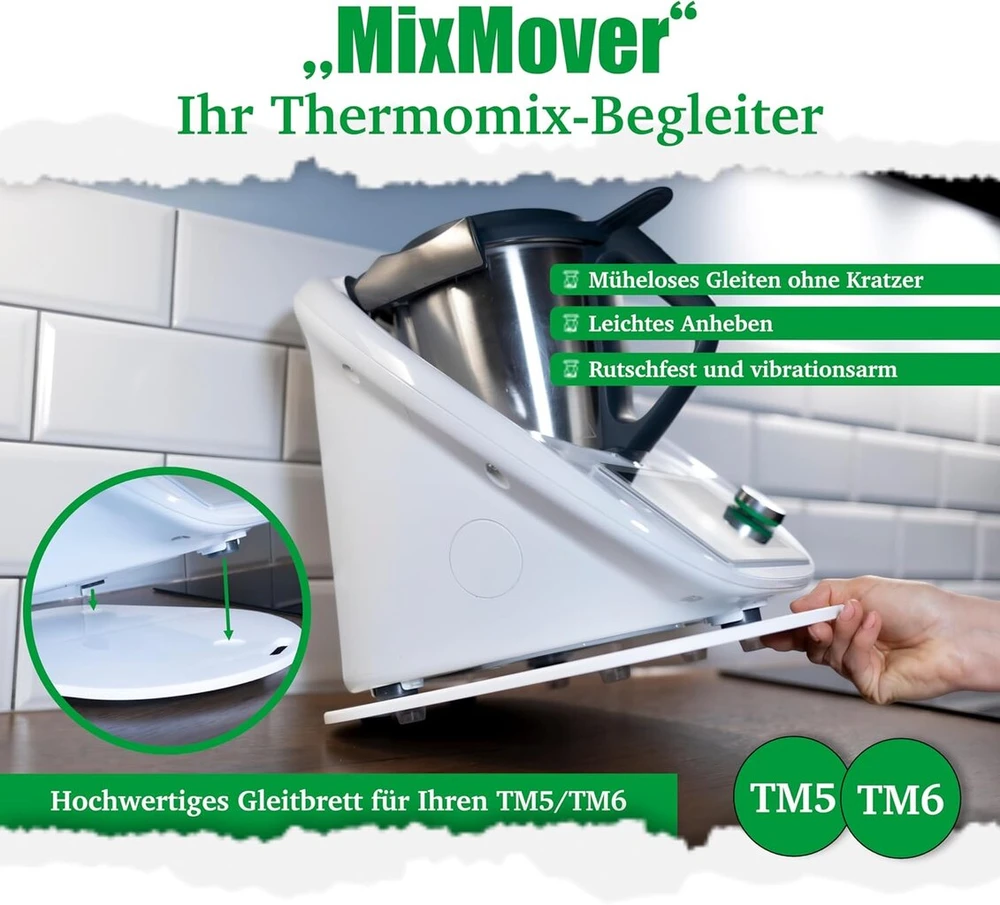 Wave Brands stumdoma lenta Thermomix Tm6, Mixmover, priedai Tm5 ir Tm6, lengvas slydimas maisto kombainui, aukštos kokybės akrilas, baltas