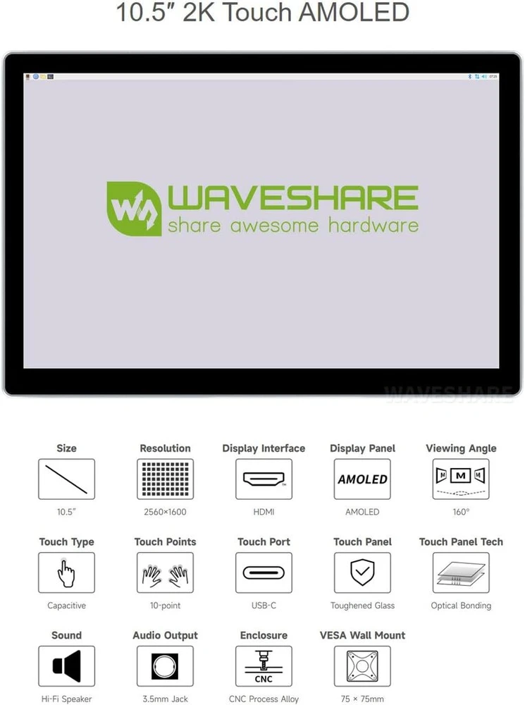 Monitorius Waveshare 10.5 colių talpinis jutiklinis amoled ekranas, suderinamas su raspberry pi/jetson nano/pc hdmi prievado ekranu, 2560x1600 2k raiška