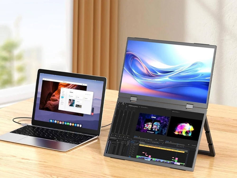 Waveshare 15.6 colių dvigubas ekranas, sulankstomas nešiojamas monitorius dual-1080p, 100% srgb, 178° žiūrėjimo kampas su gravitacijos jutikliu, hi-fi garsiakalbis, palaiko kelis rodymo režimus, skirtas windows/macos