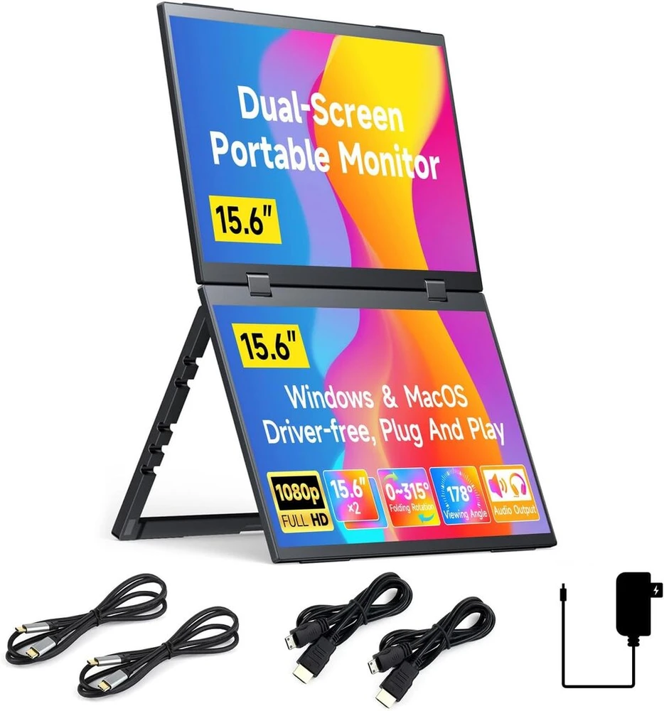 Waveshare 15.6 colių dvigubas ekranas, sulankstomas nešiojamas monitorius dual-1080p, 100% srgb, 178° žiūrėjimo kampas su gravitacijos jutikliu, hi-fi garsiakalbis, palaiko kelis rodymo režimus, skirtas windows/macos