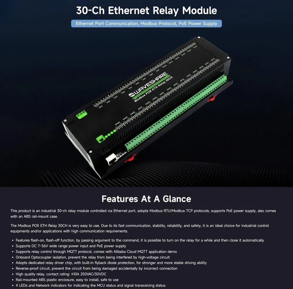 Waveshare 30 kanalų ethernet relės modulis, modbus rtu/modbus tcp protokolas, poe prievado komunikacija, su įvairiomis izoliacijos ir apsaugos grandinėmis, pramoninės klasės montuojamas ant din bėgelio korpusas